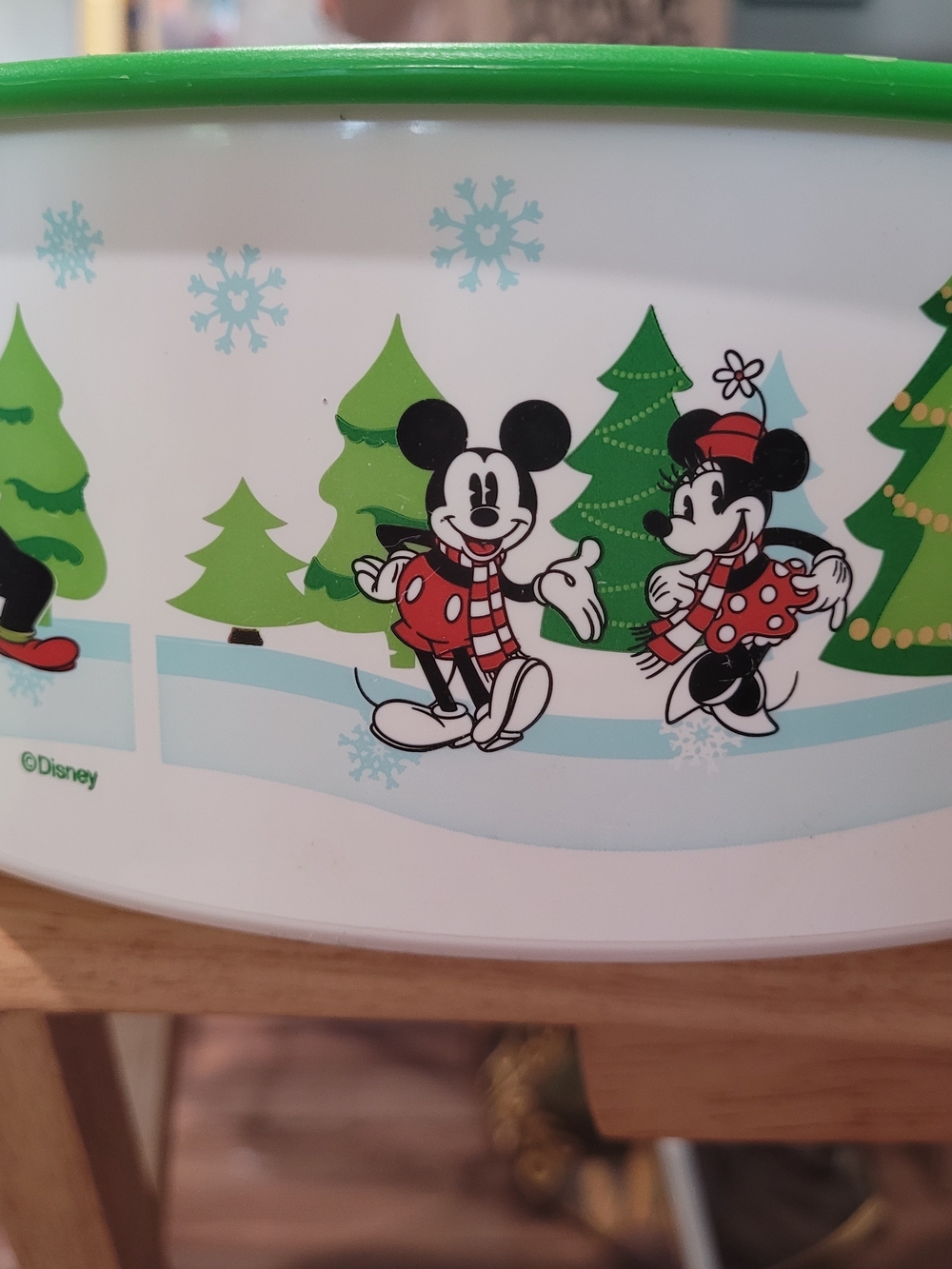 Vintage Tupperware Holiday Mickey & Minnie Bowl with Green Trim
